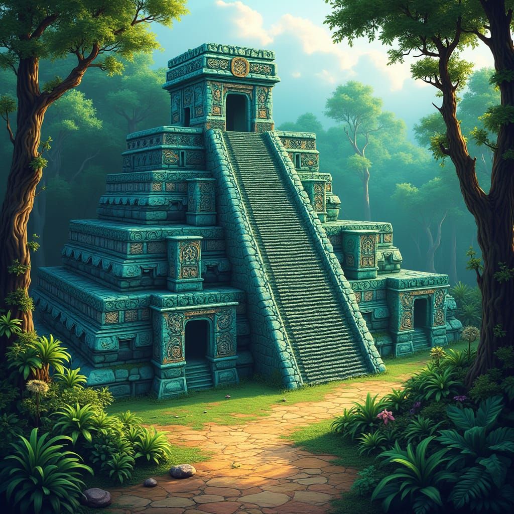 Lush Mayan City with Abstract Fractal Patterns