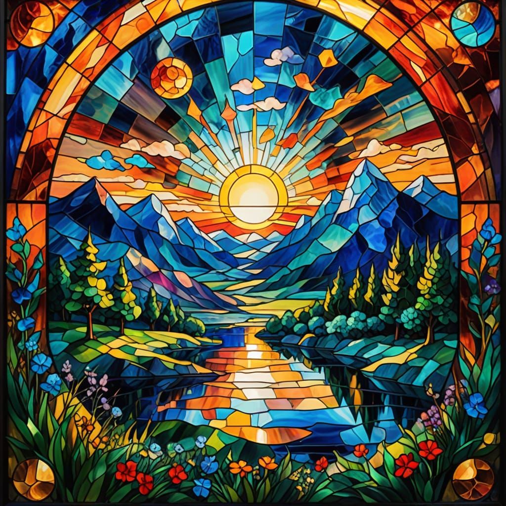 Surreal Stained Glass Landscape in Oil Painting Style