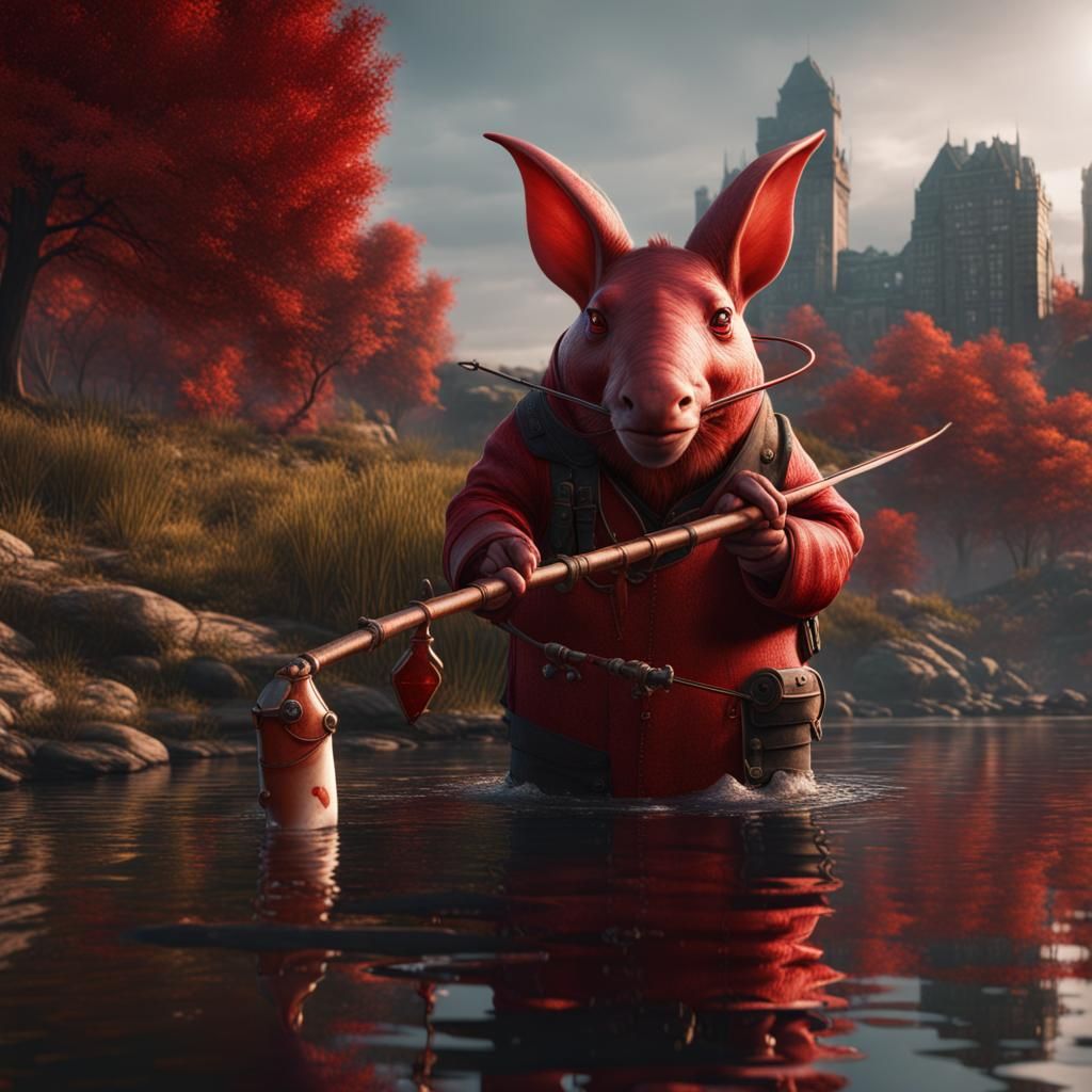 Red Aardvark Fishing: Detailed Fantasy Art