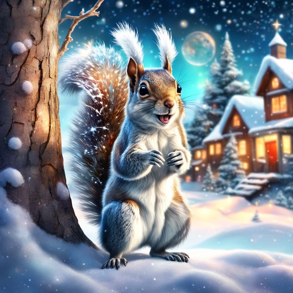 Whimsical Christmas Squirrel in a Snowy Village