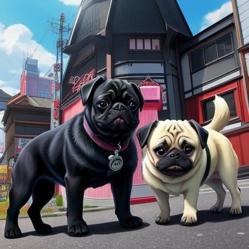 Three Pugs in Anime Key Visual Style