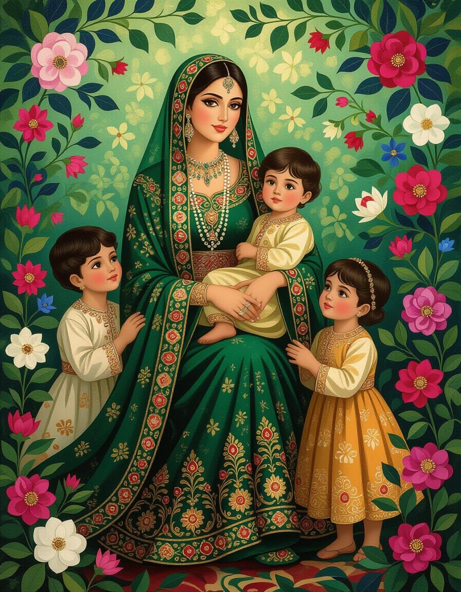Persian Lady with Children Amidst Lush Garden