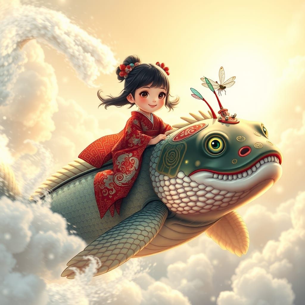 Cartoon image of cute japan girl 8 yr old, wearing a beautif...