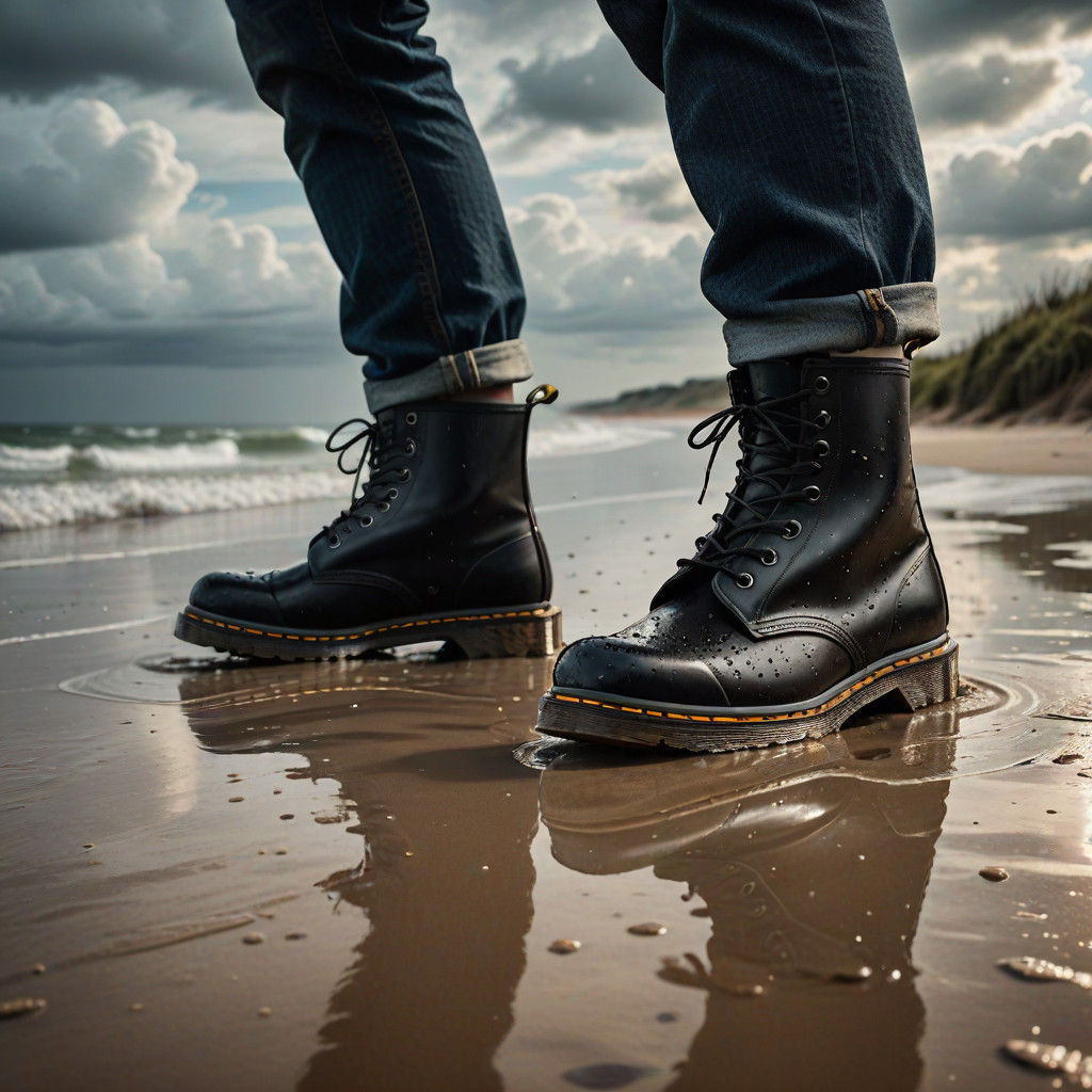Hyperrealistic Doctor Martens Boots Walk on the Beach in Gol...