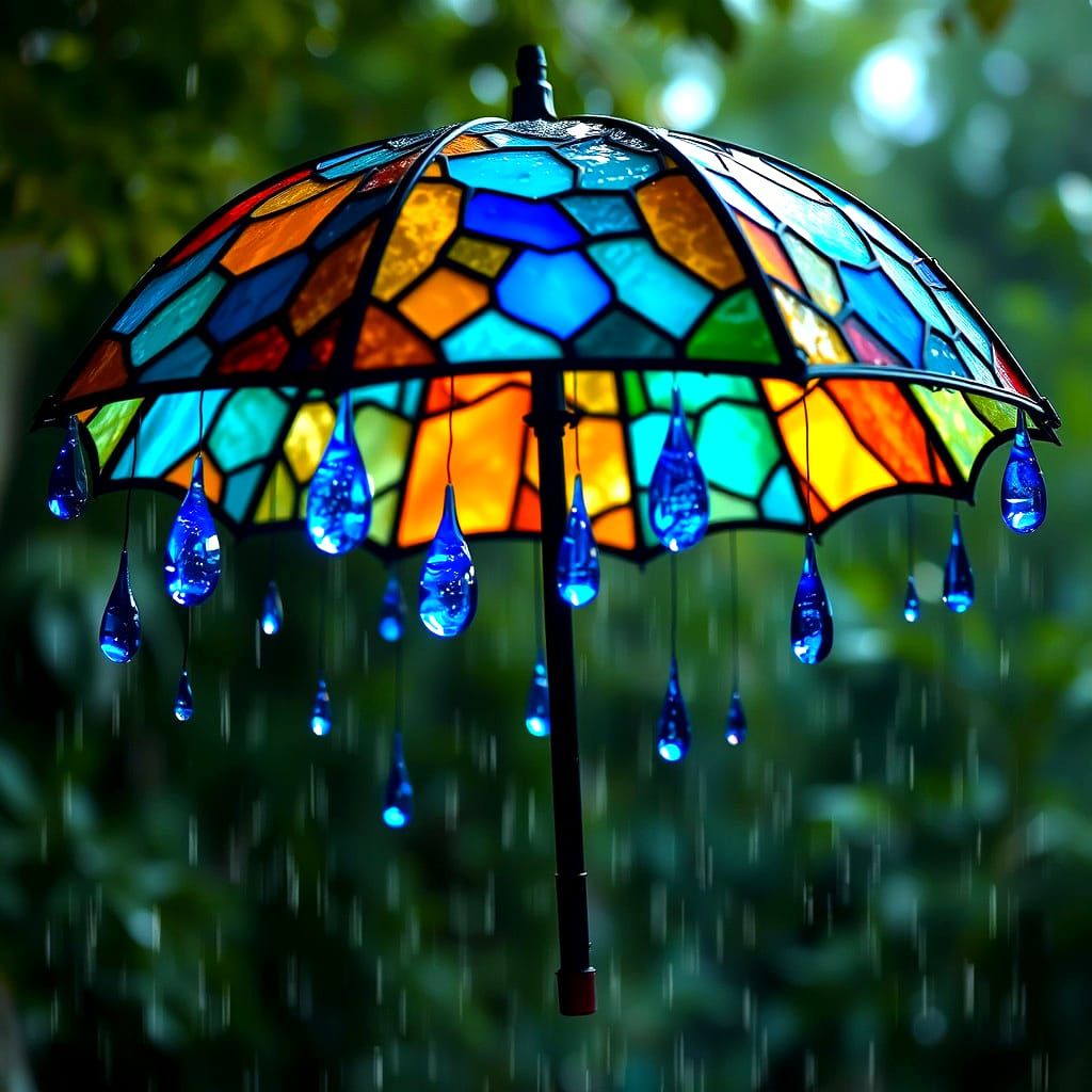 Stained Glass Umbrella with Illuminated Raindrops