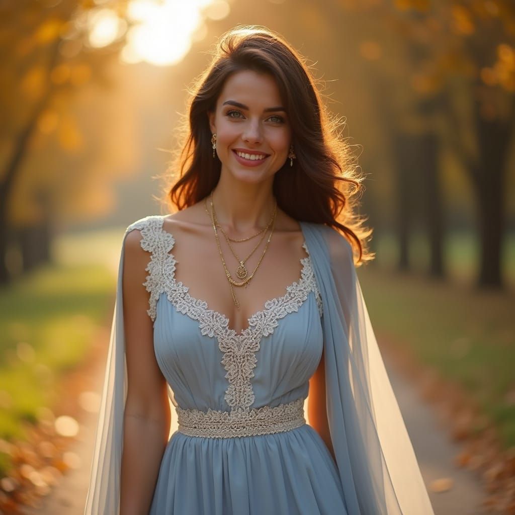 Elegant Woman in Blue Lace Dress on Autumn Path