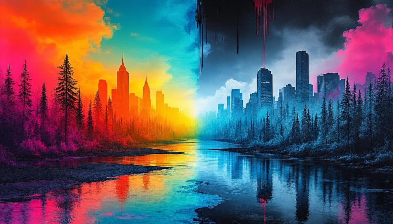 Surreal Collage of Nature and City in Vibrant Colors