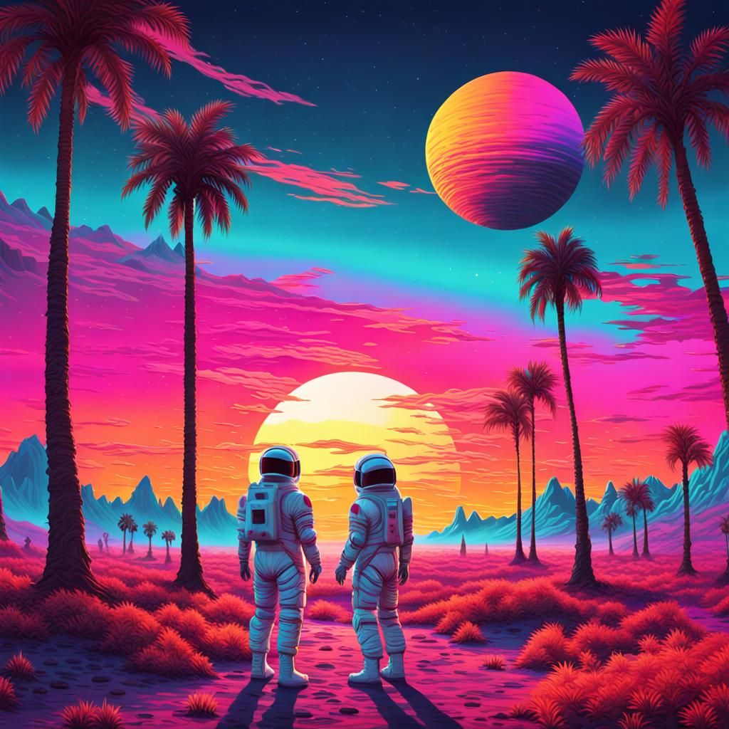 Alien Sunset with Astronaut in Solarpunk Style