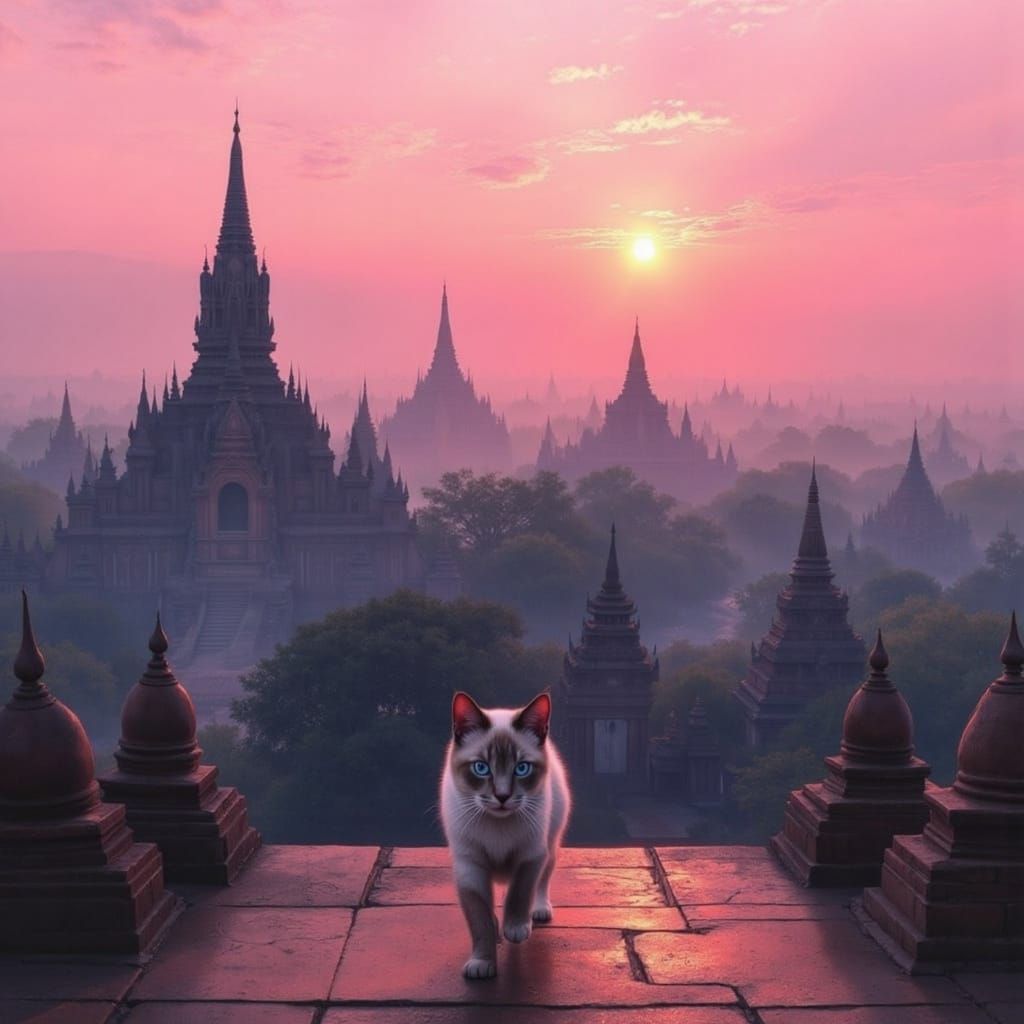 Burmese City Sunrise with Elegant Siamese Cat