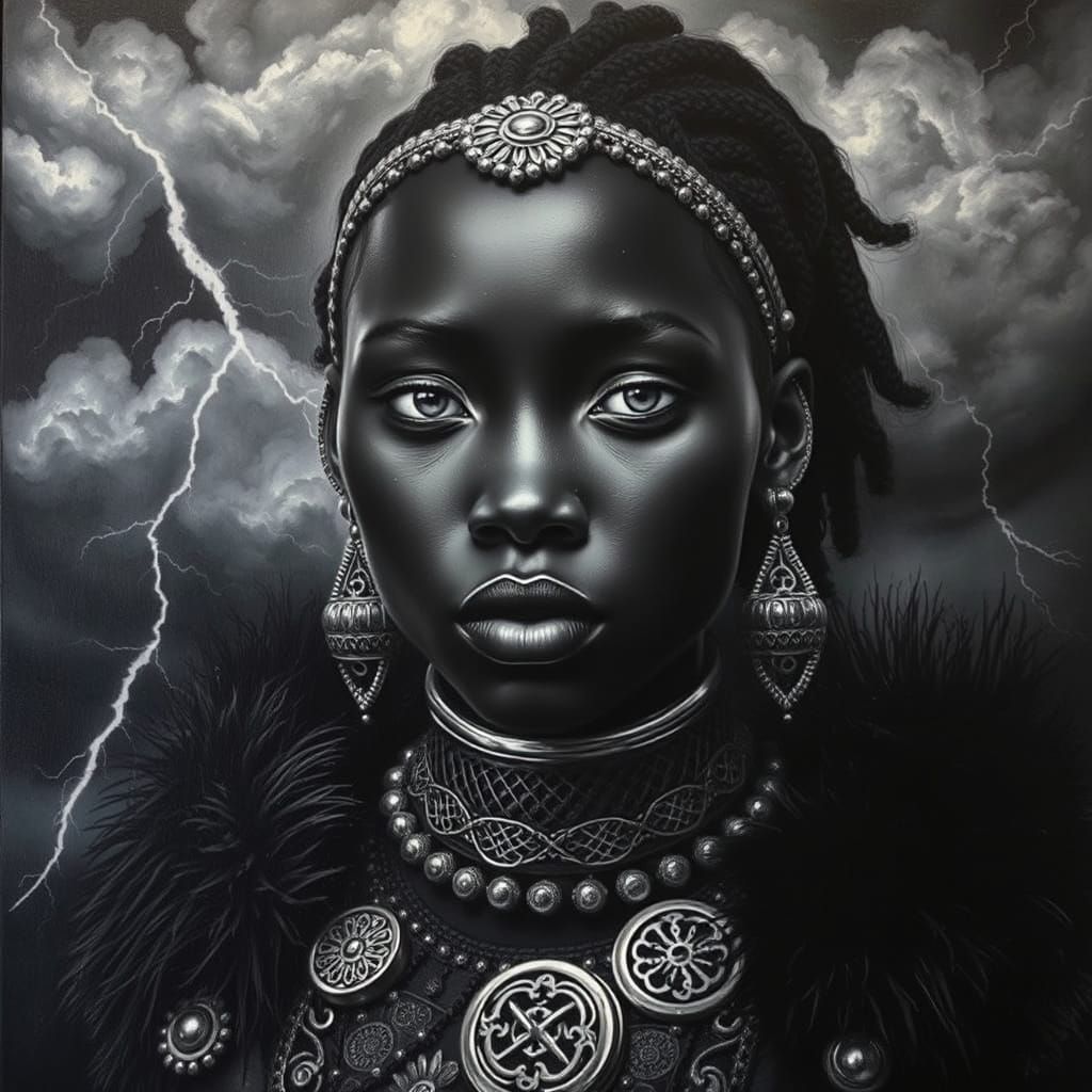 African Queen in Tribal Surrealism with Silver Accents