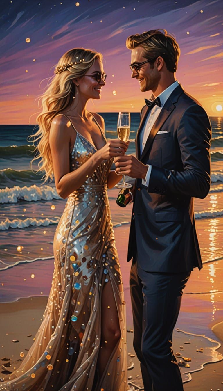 Romantic Beach Champagne Toast at Night