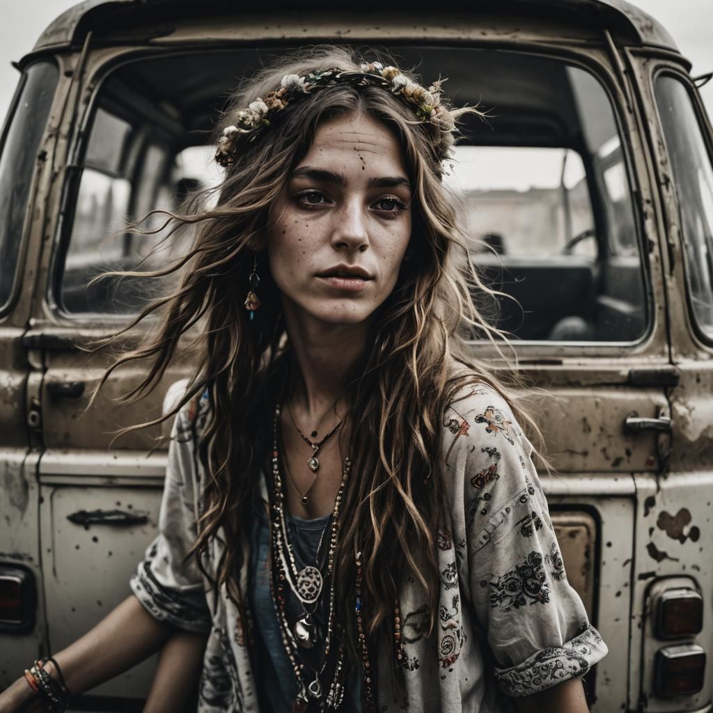 Hippy Girl Dancing on Van Portrait