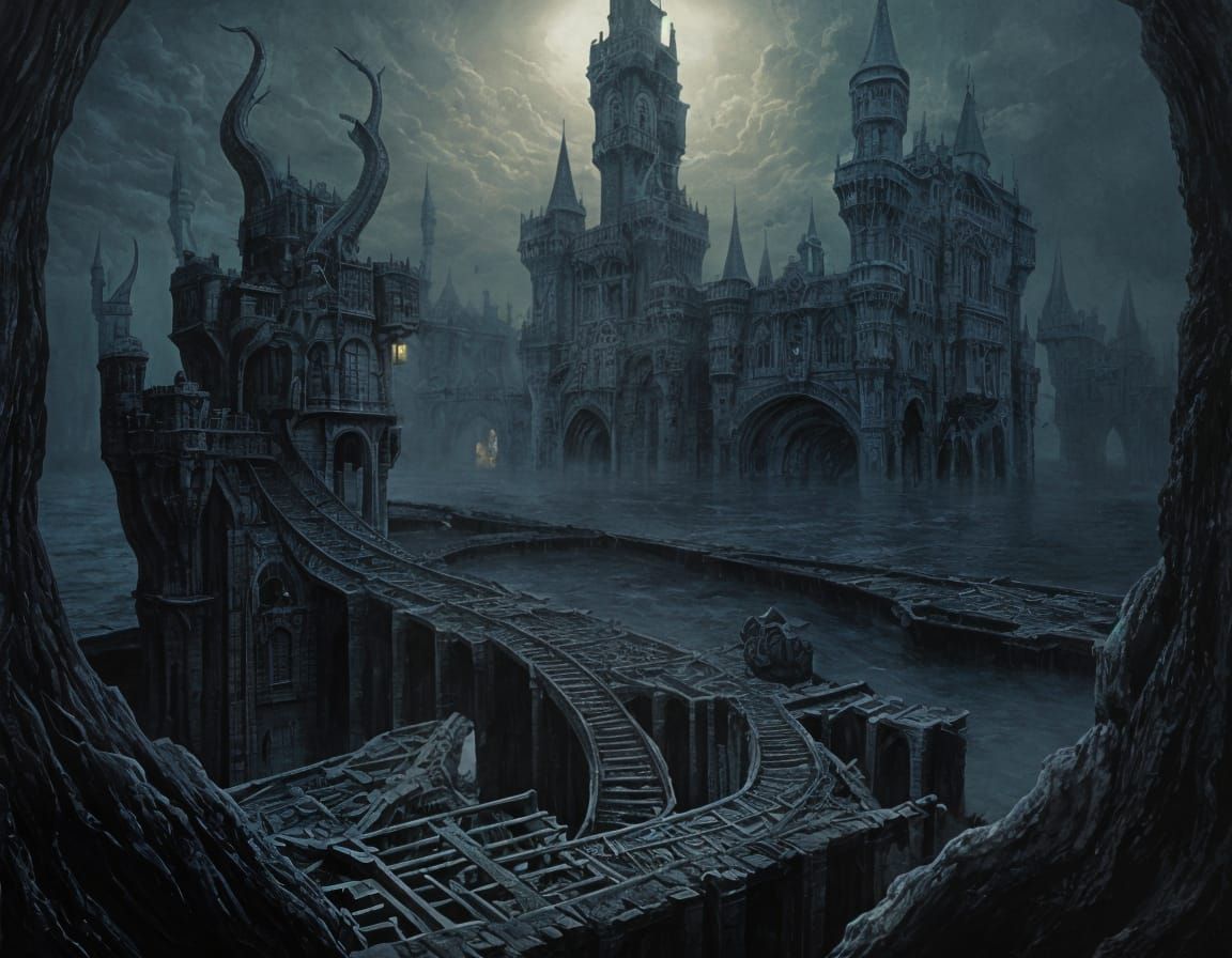 Surreal Castle with Drawbridges in Dark Style