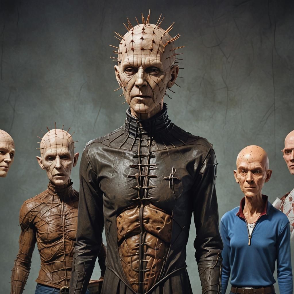 A hyperrealistic Pinhead from the movie Hellraiser as Scooby-Doo with Shaggy, Daphne, and Fred from the Scooby-Doo Myste...