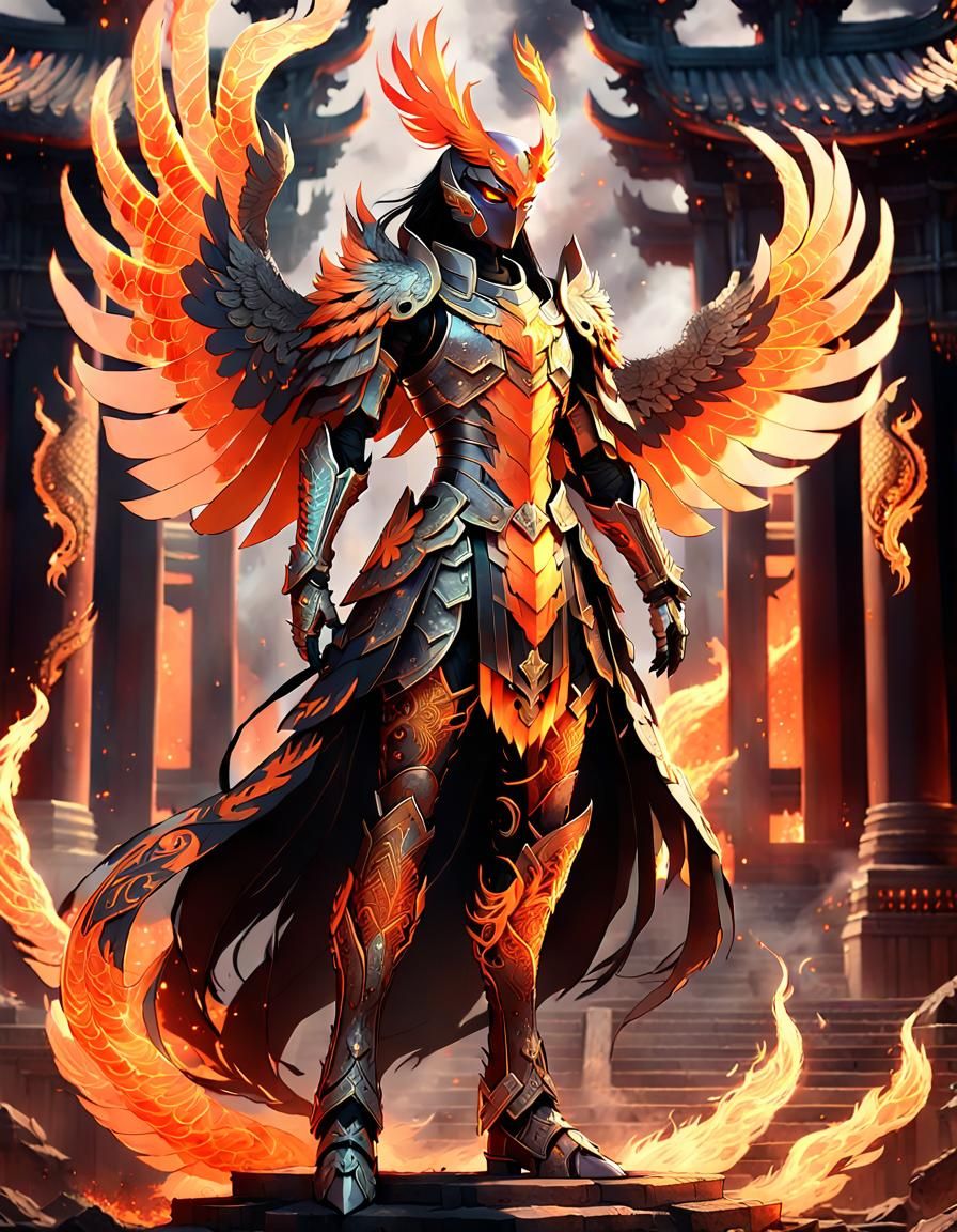 Dark Anime Fantasy Phoenix in Ancient Temple Ruins