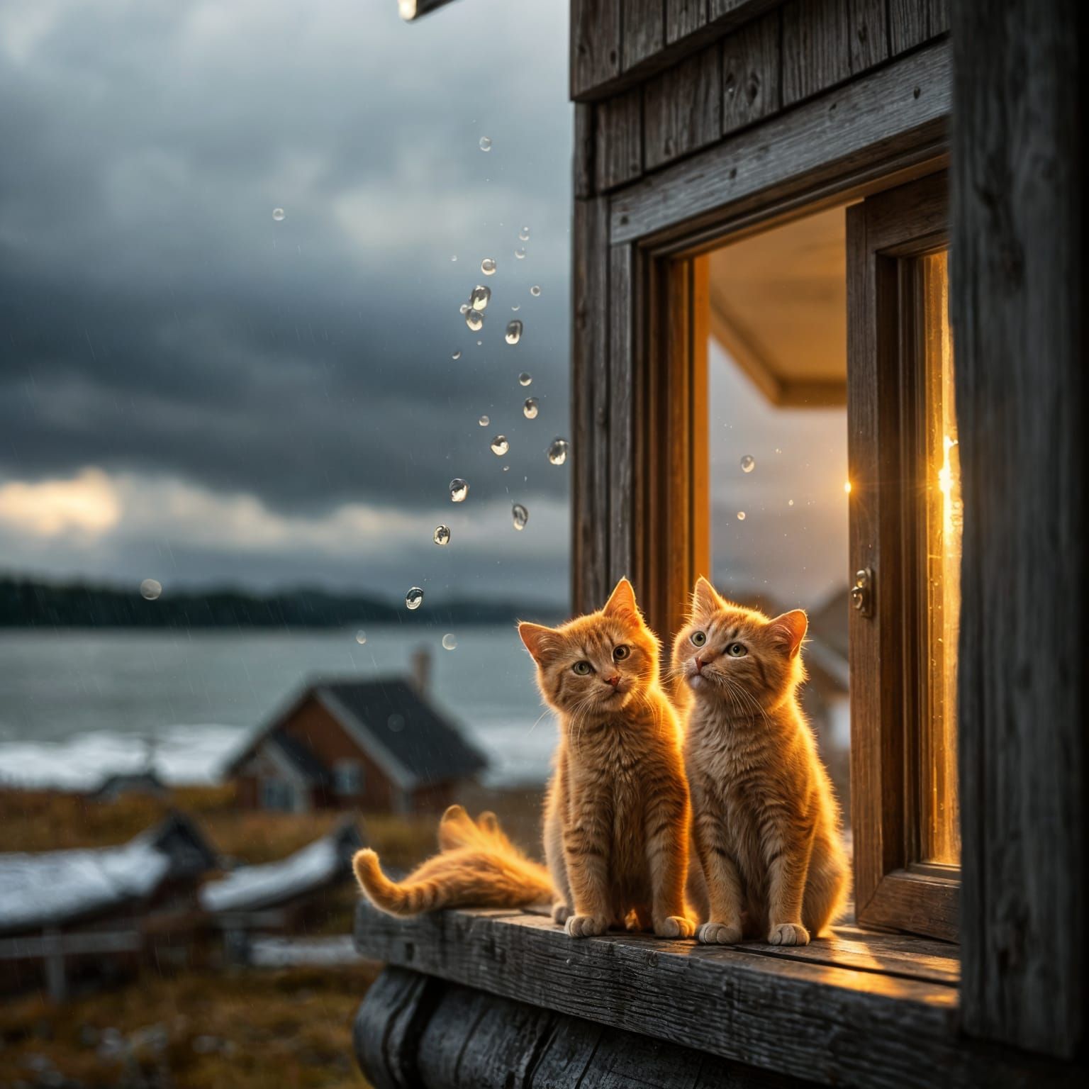 Sun Cats Play on a Rainy Day