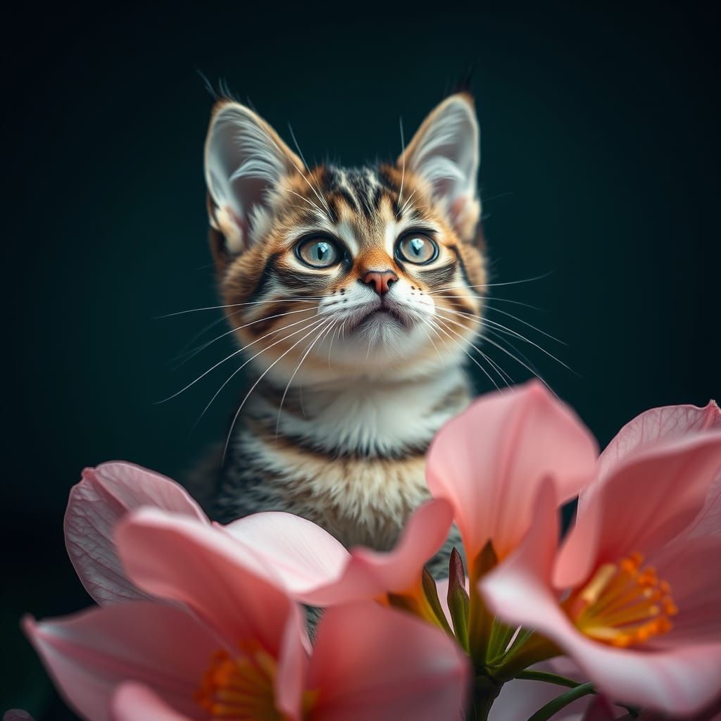 Hyperrealistic Cat on Delicate Flower, Moody Lighting