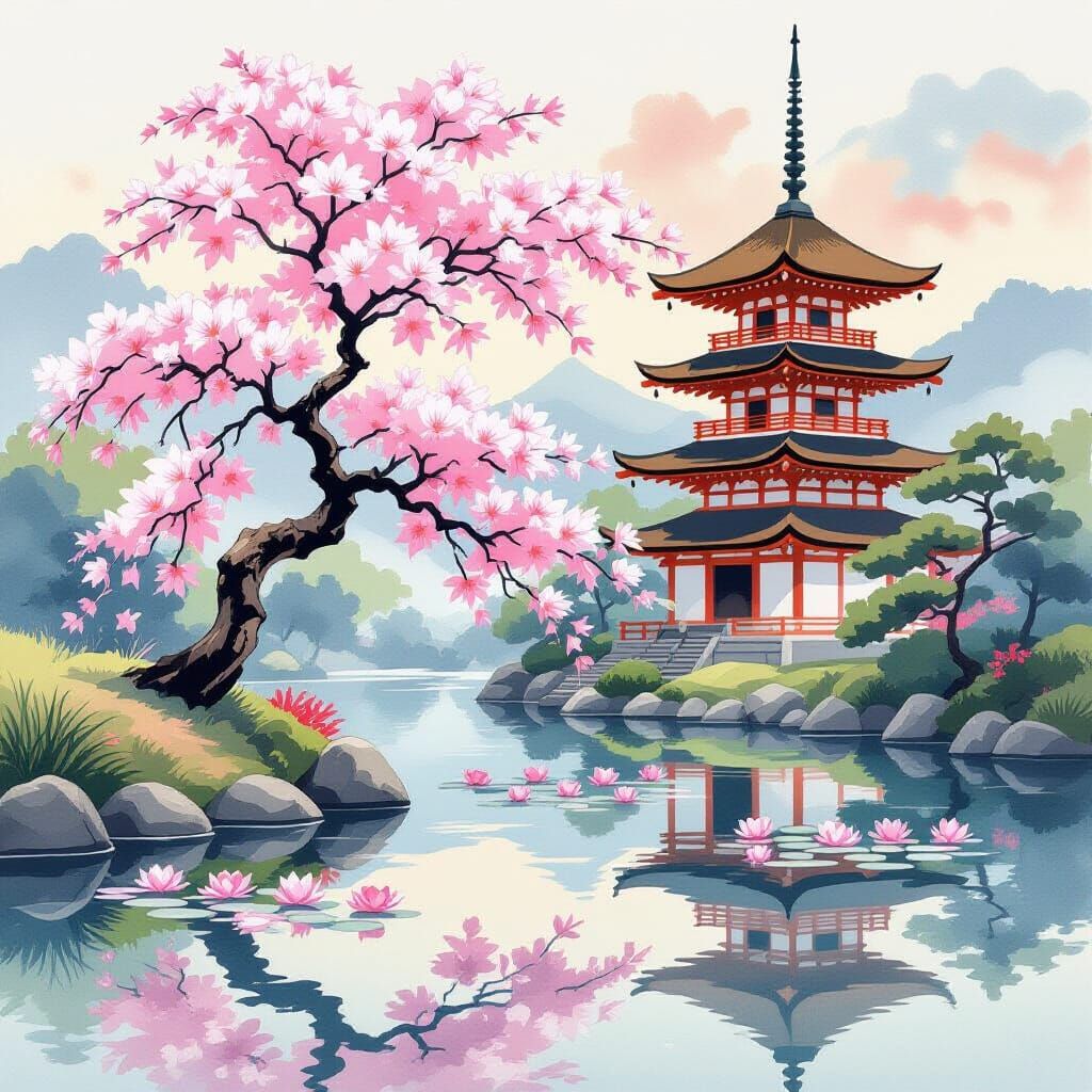 Japanese Landscape with Pink Flowers and Pagoda