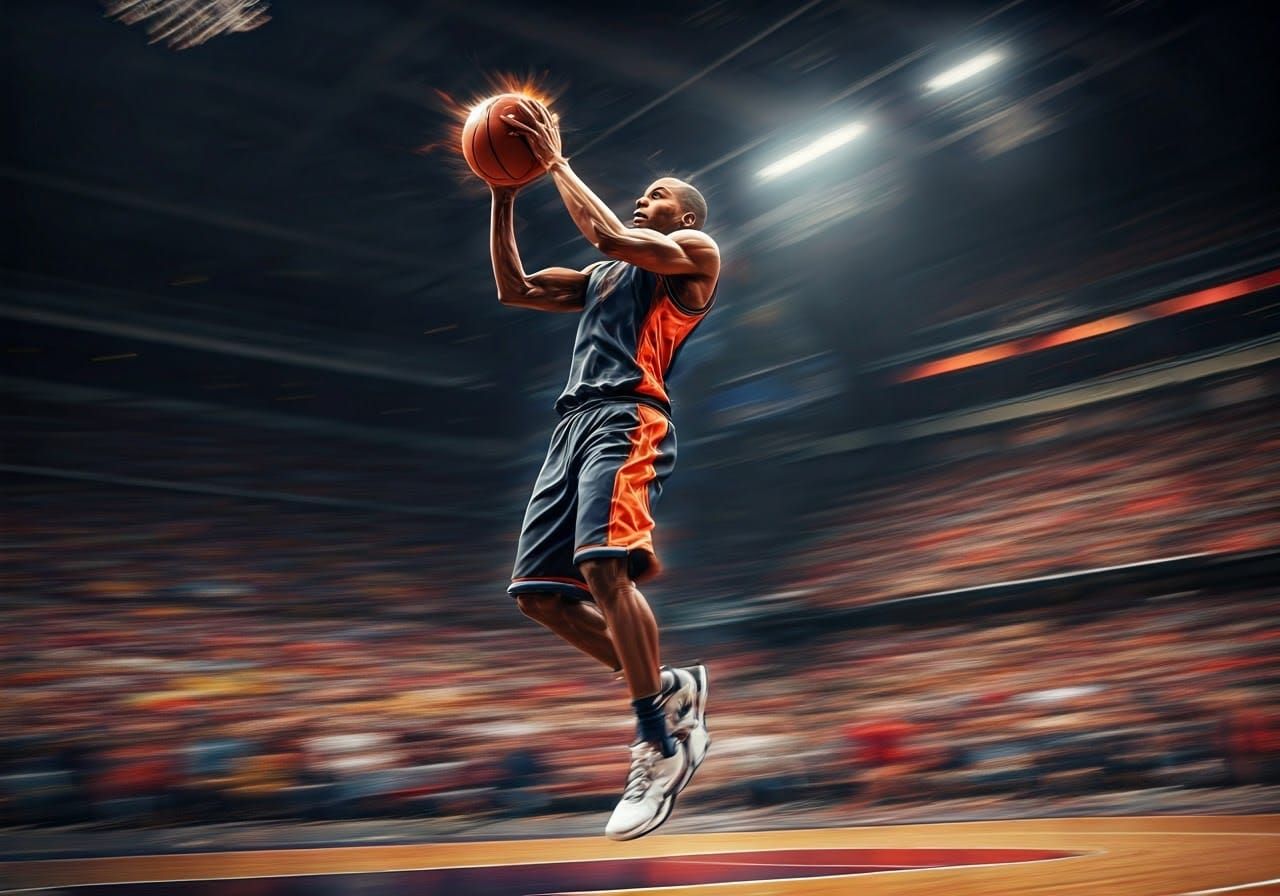Basketball Player's Dynamic Dunk: A Digital Oil Painting