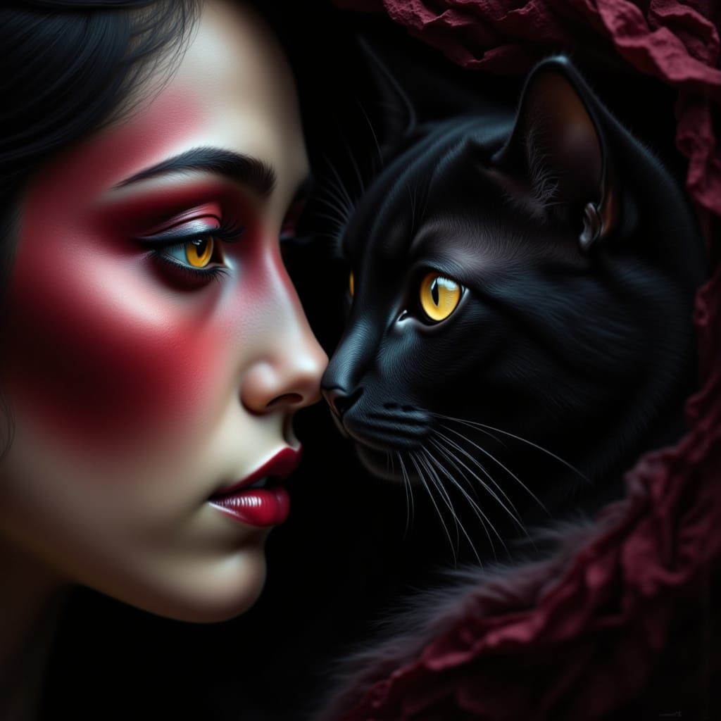 Maiden and Cat Portrait with Black, White, and Red Makeup