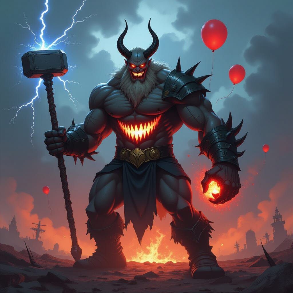 Monstrous Thor Hellboy Pennywise Hybrid on Stormy Plain