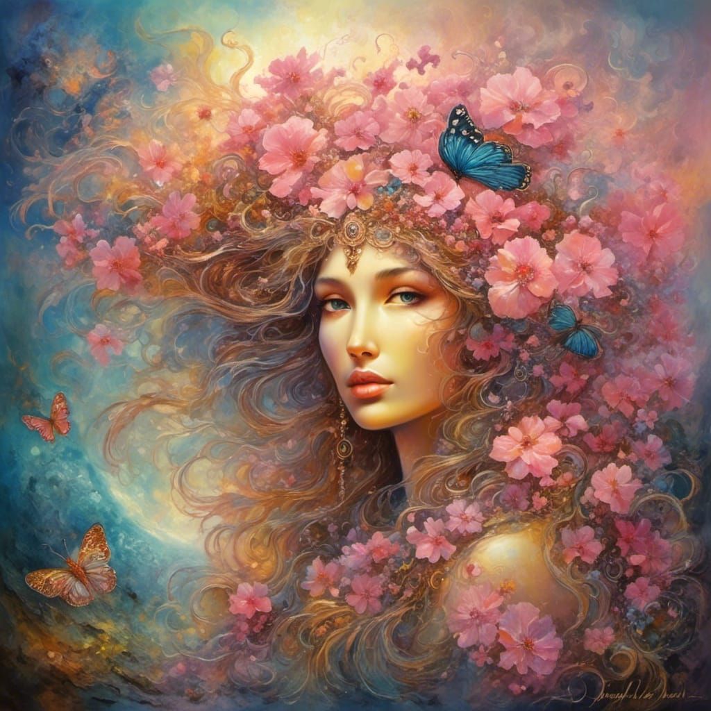 Magical Beings with Pink Flowers in Wall Style