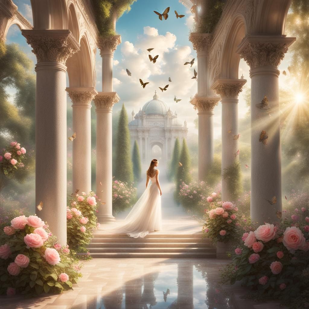 Lady Enters Palace Garden in Divine Light