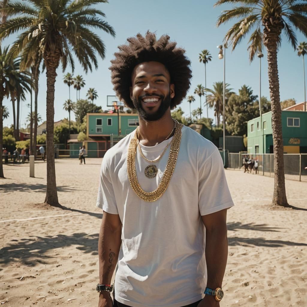 Smiling Rapper on Venice Beach in Cinematic Style
