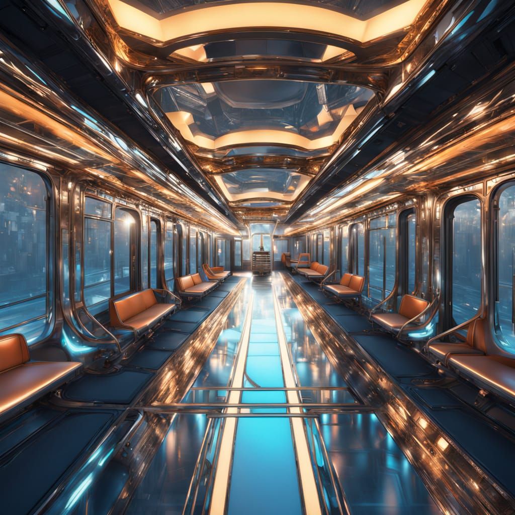 Vibrant Blue Train in Art Nouveau Style, with Modern Twist