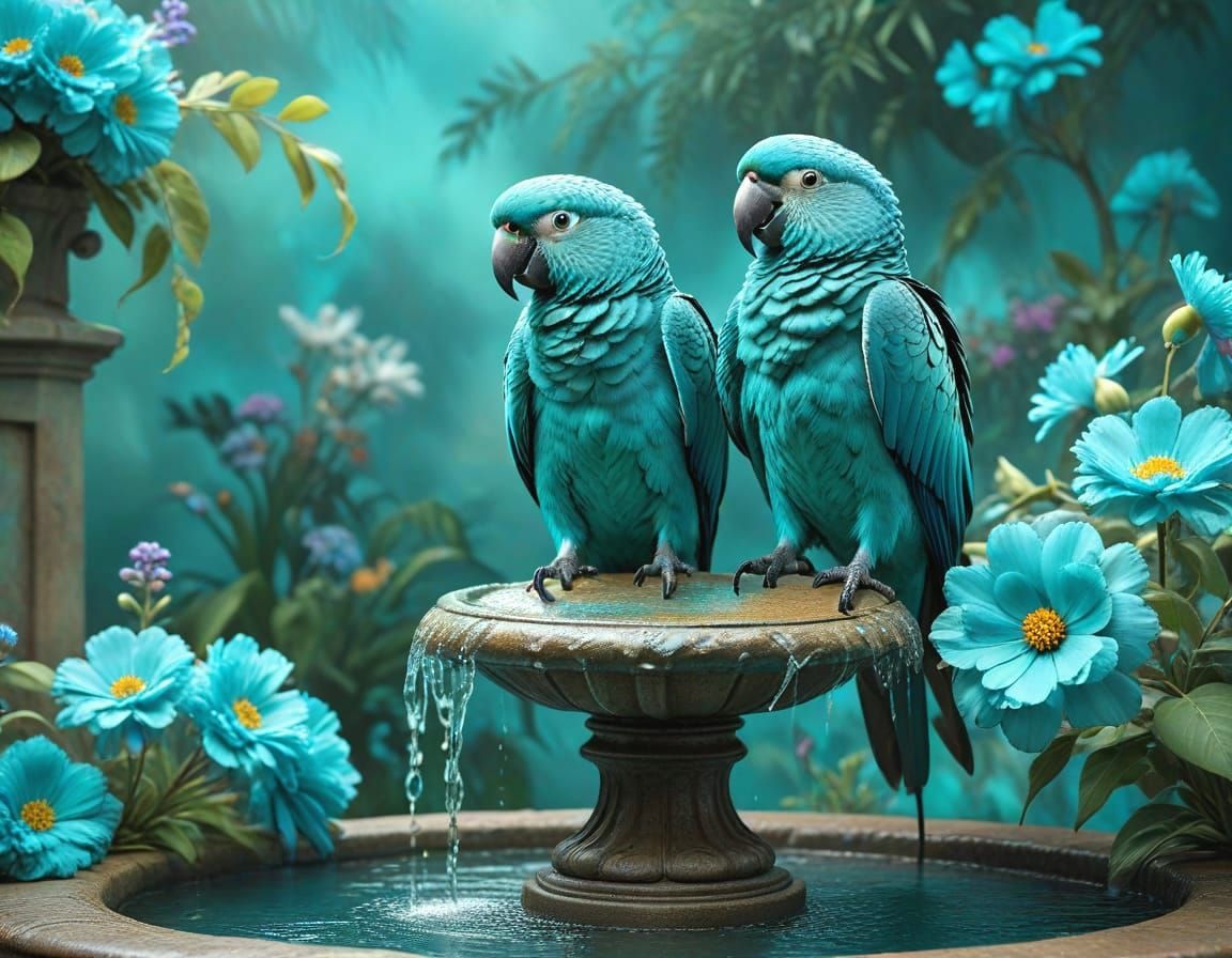 Turquoise Parrots in Turquoise Ink and Aquarelles
