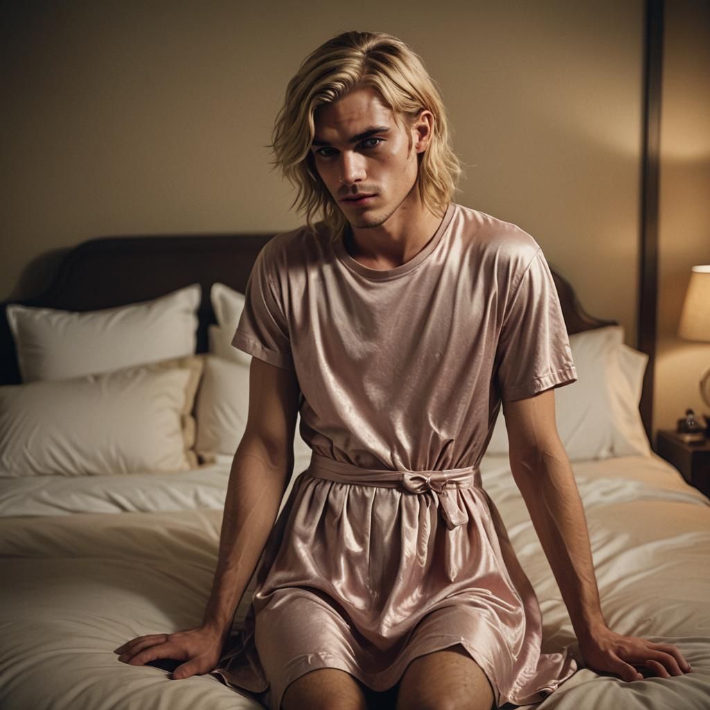 Dramatic Young Man in Luxurious Bedroom