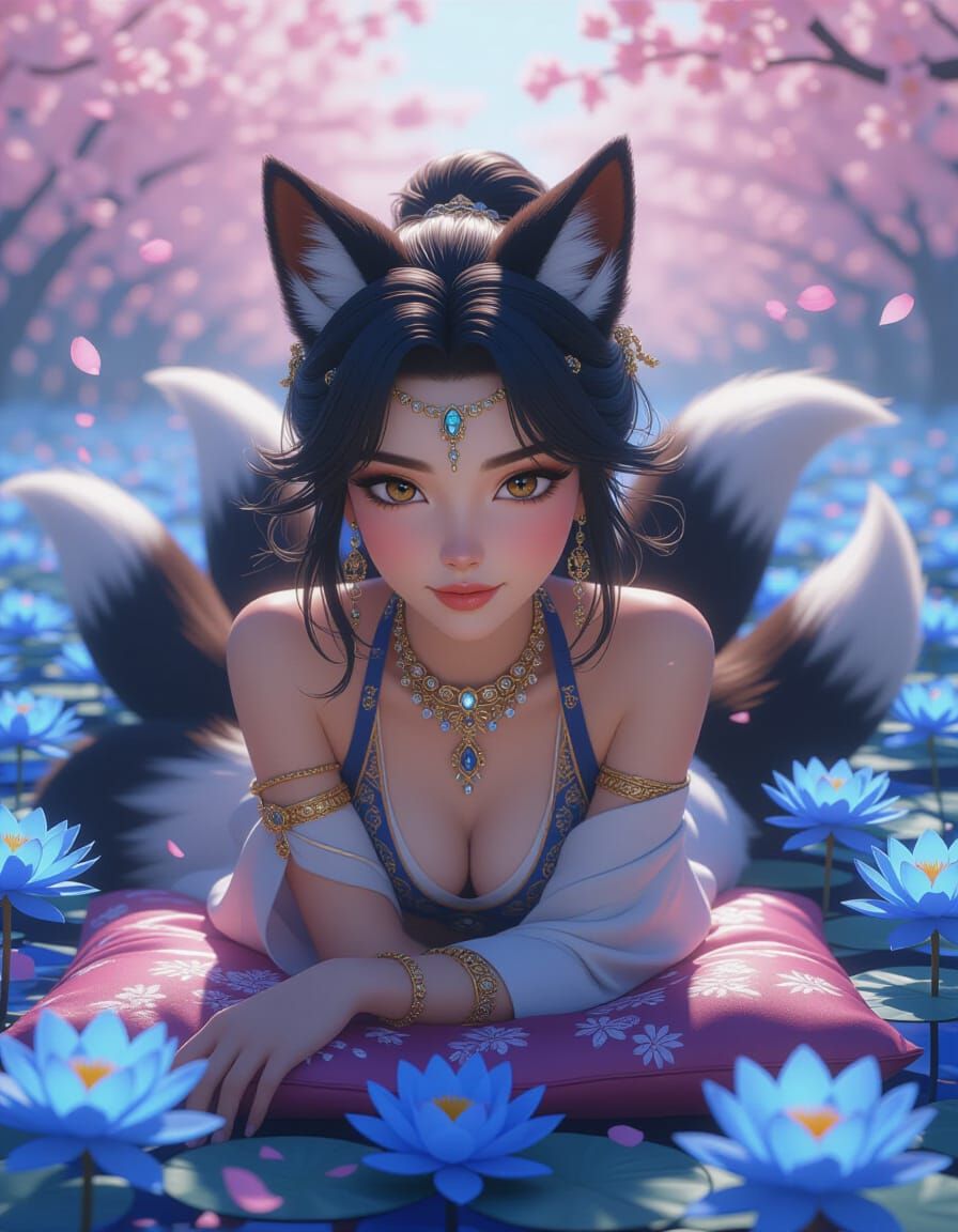 Humanoid Kitsune Lounging in Lotus Field