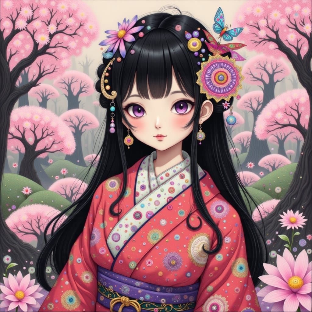 Japanese Woman in Kimono with Cherry Blossoms