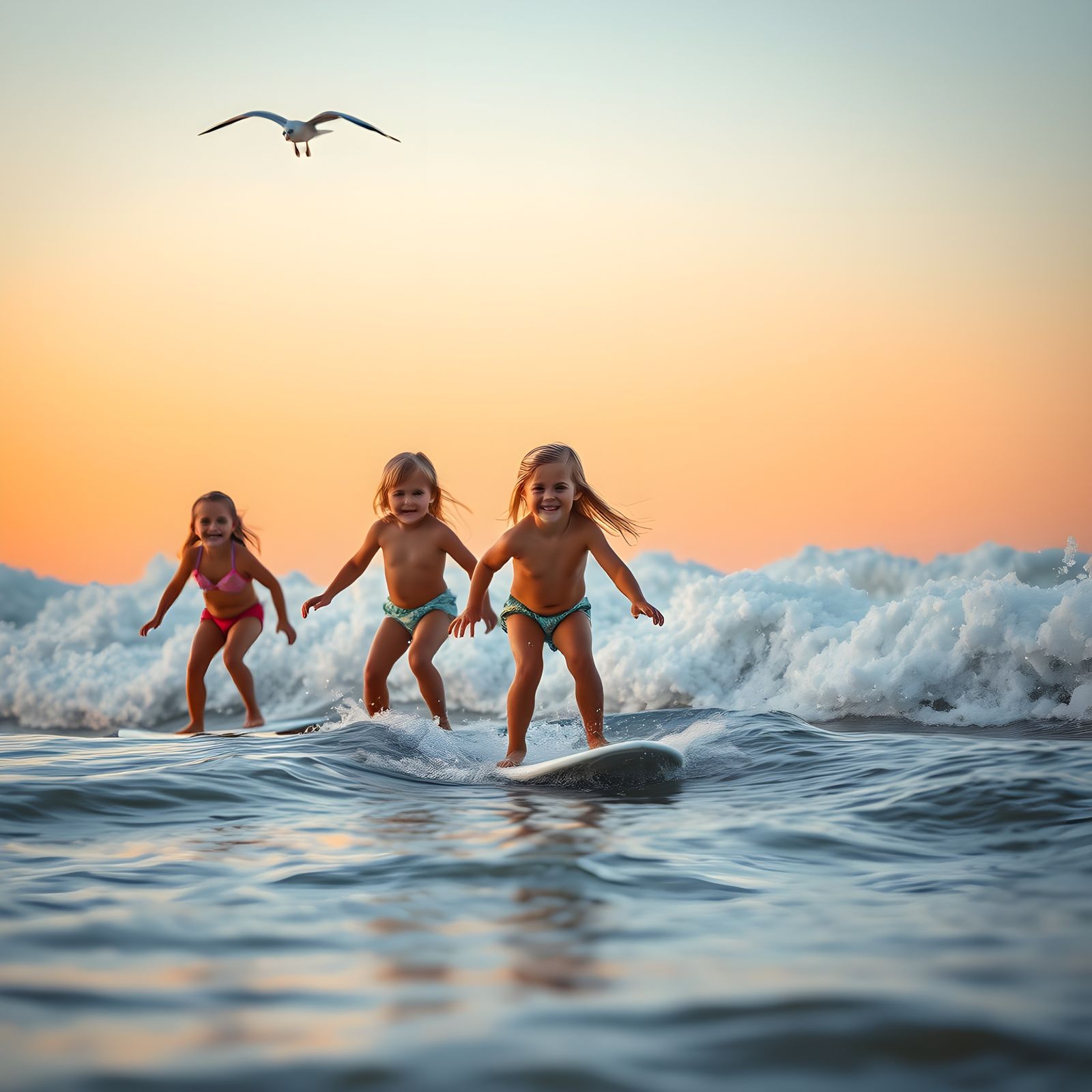 Golden-Haired Toddlers Surf Sunset Waves