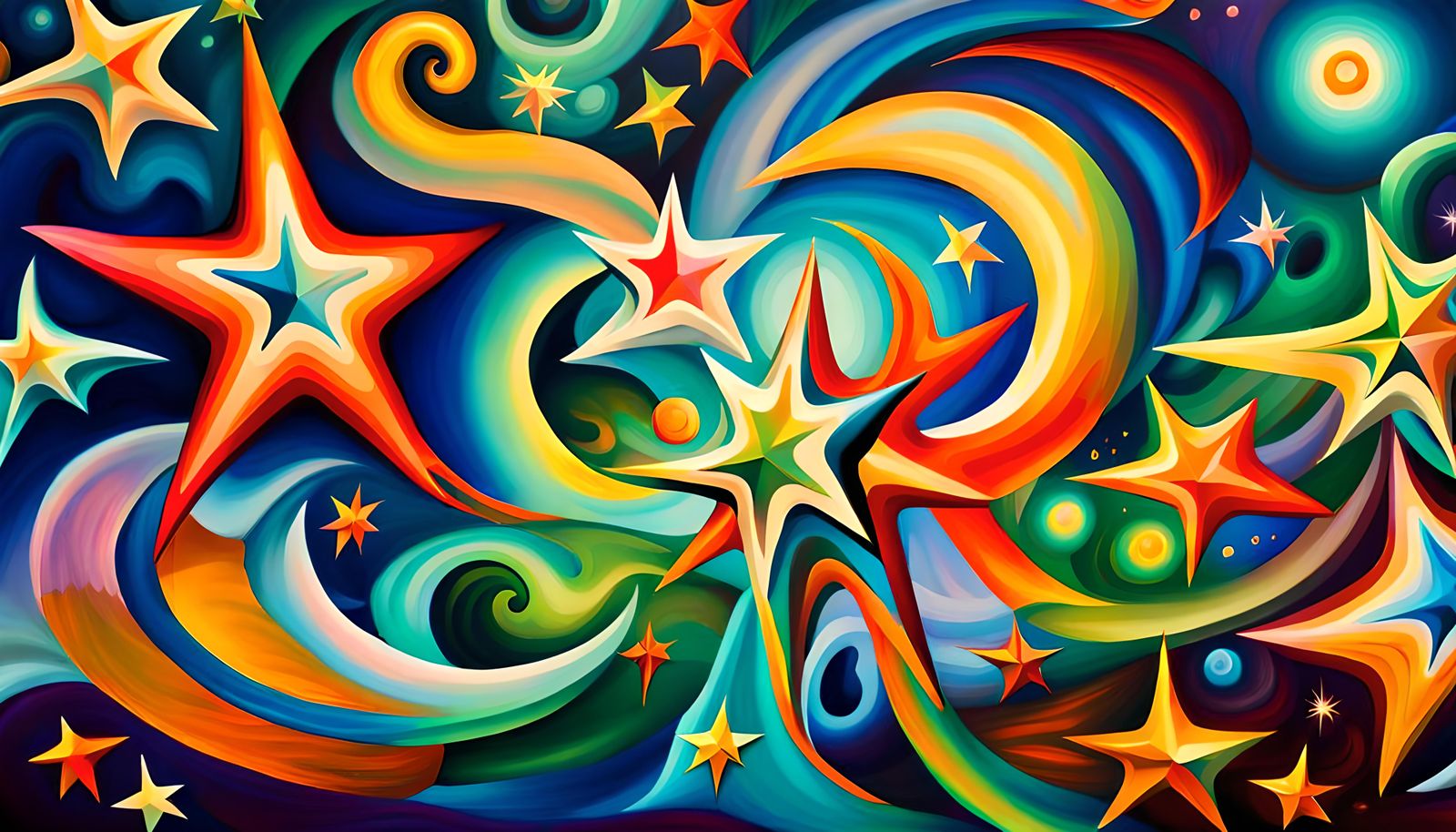 Iridescent Nebula with Swirling Stars in Naive Art