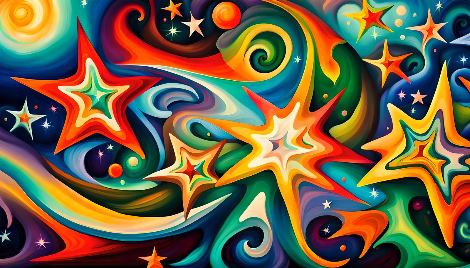 Iridescent Electromagnetic Star Cluster in Naive Art Style