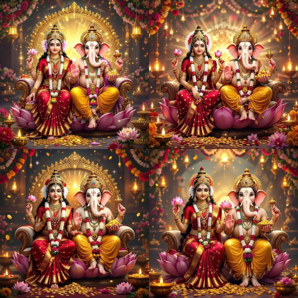 Goddess Lakshmi and Lord Ganesha on Lotus Throne