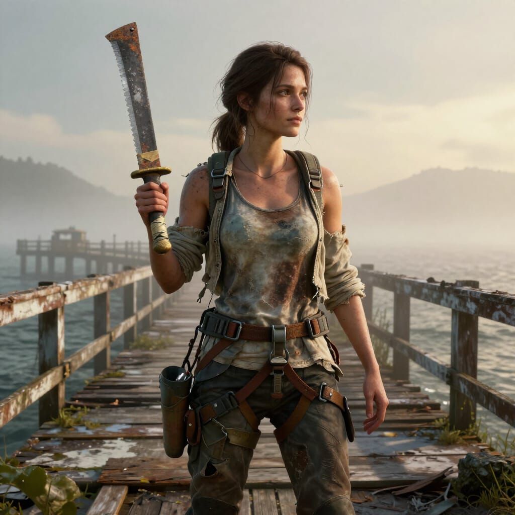 Female Survivor on Decaying Pier in Hazy Fog