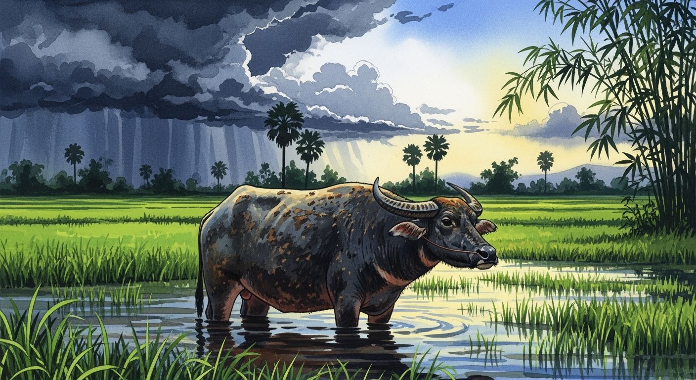 Water Buffalo in Vietnamese Rice Field, Post-Impressionist S...