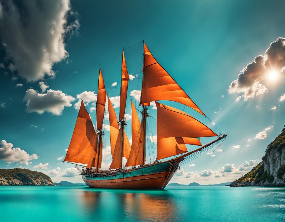 Orange Junk Sails in Ha Long Bay