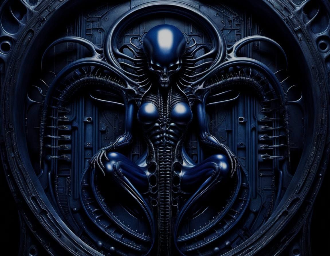 Surreal Biomechanical Abstract Art in Midnight Blue