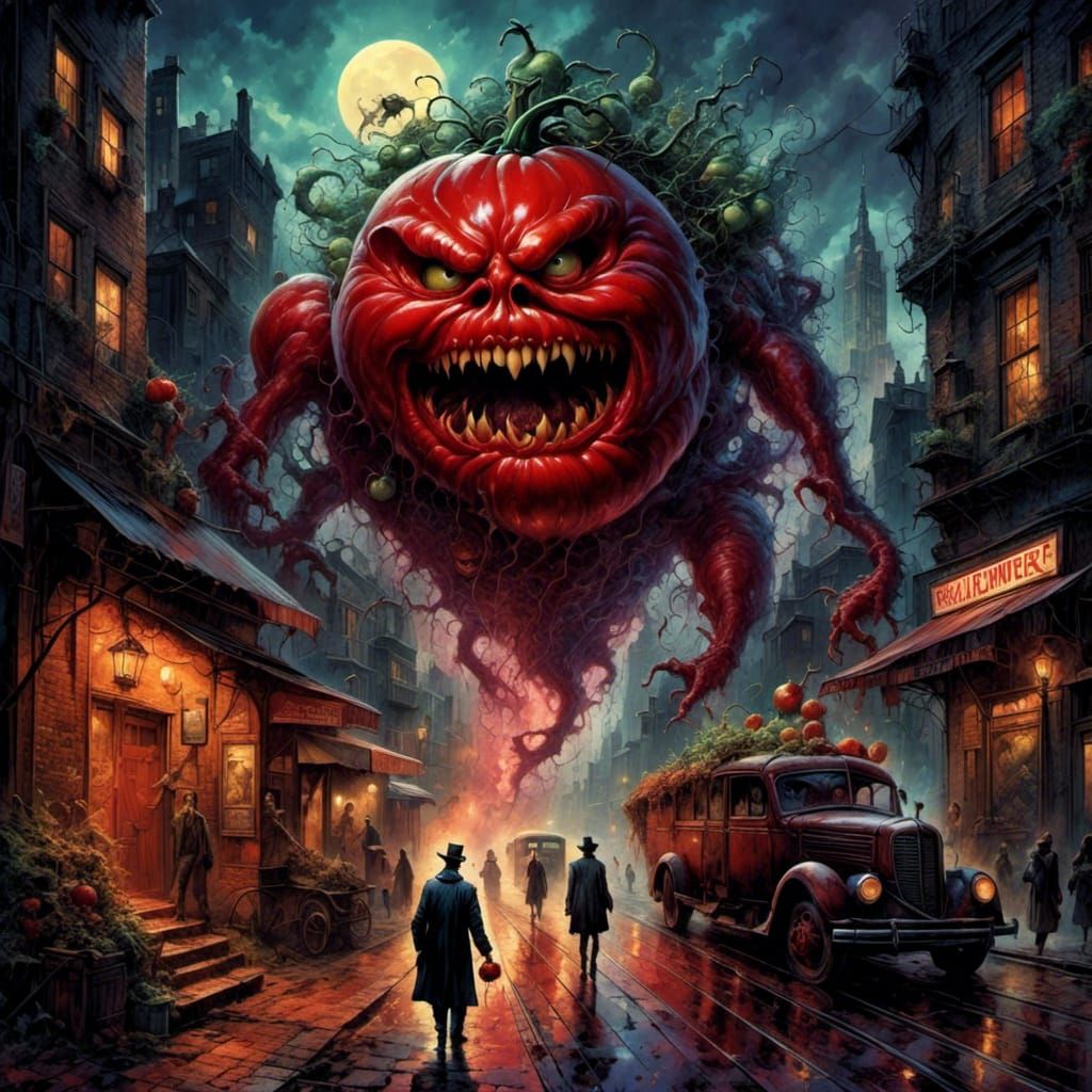 Tomato Monster Terror in Synthwave Comic Art