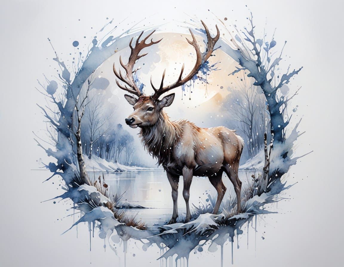 Winter Stag on Frozen Lake Under Constellation Sky