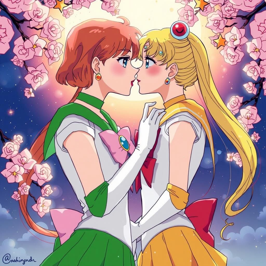Sailor Moon and Jupiter: Tender Kiss in Watercolor