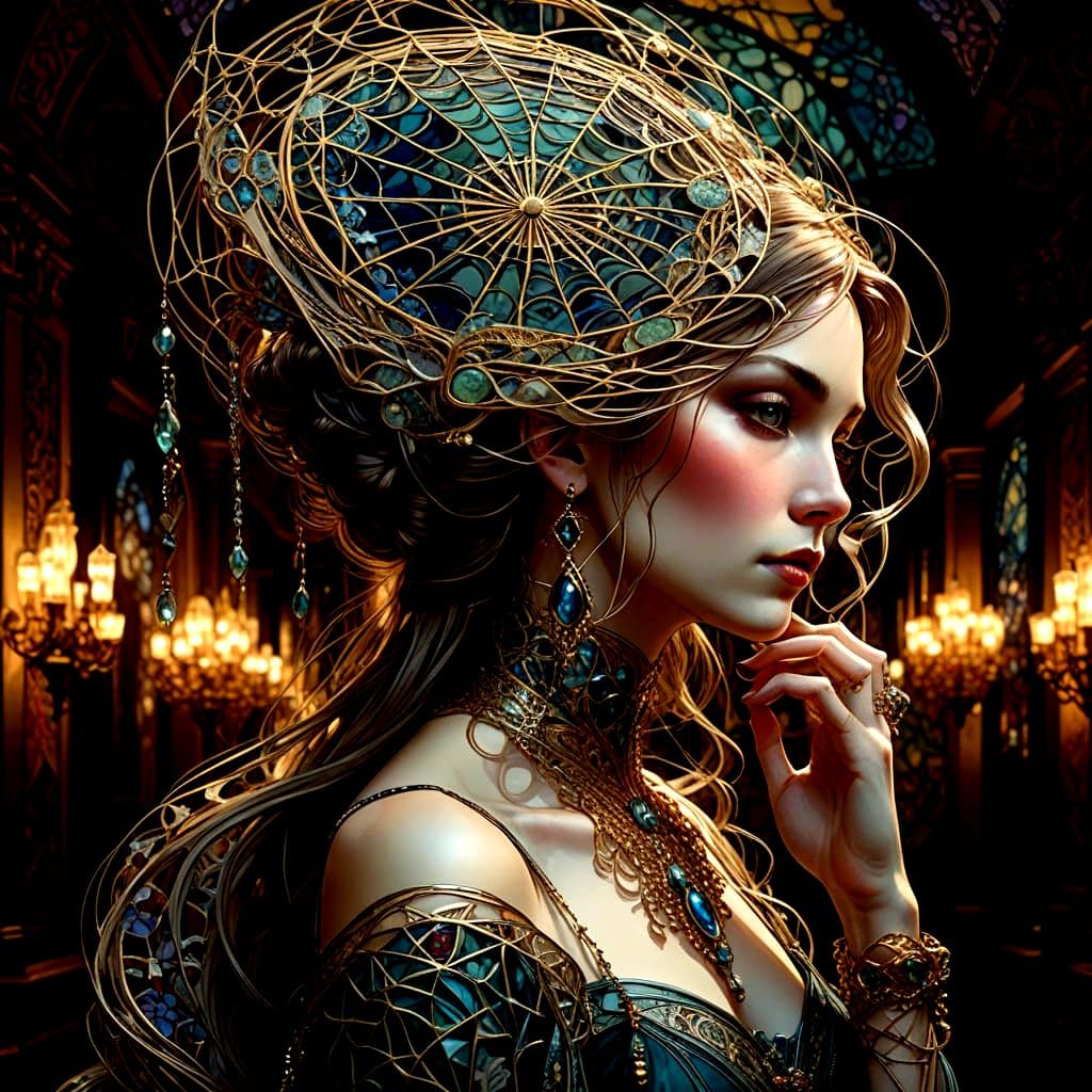 Mysterious Woman in Art Nouveau Style with Spiderweb Hair