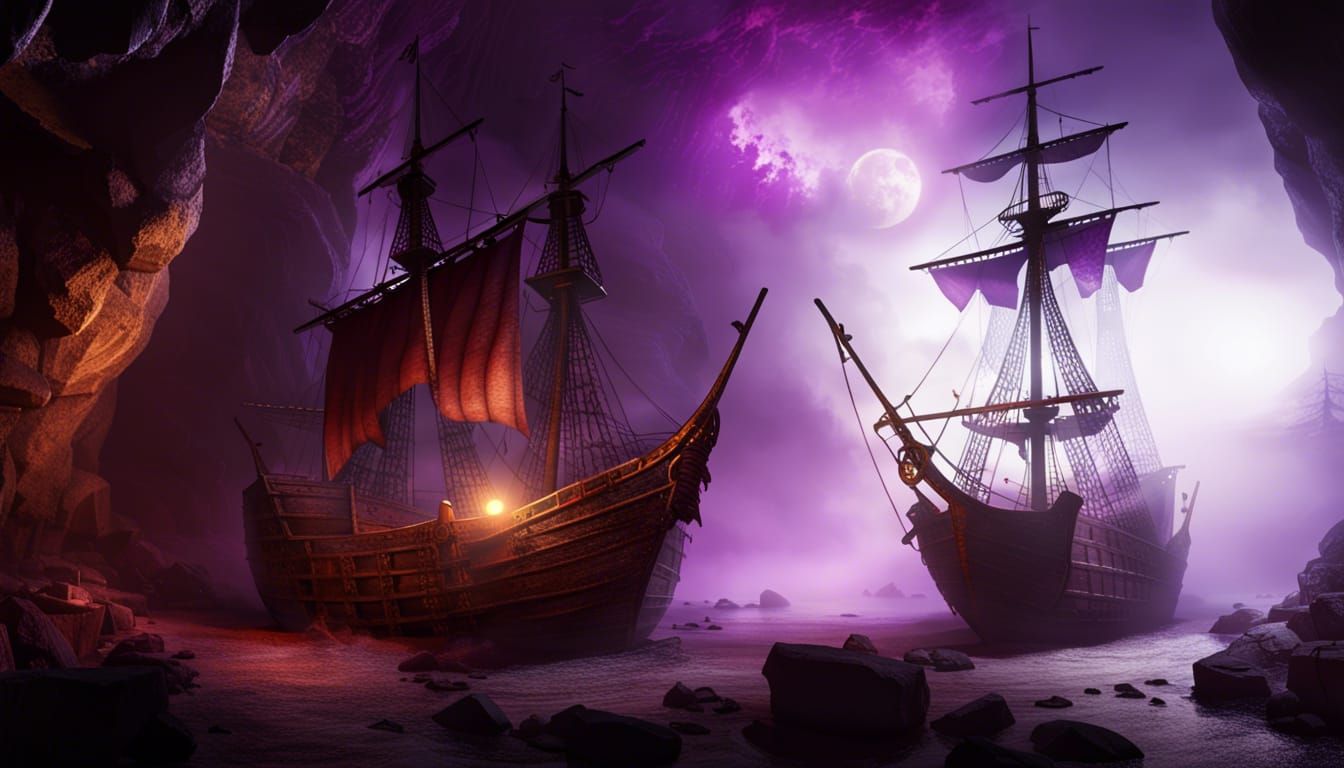 Pirate Ships in Dark Cave with Purple Fog
