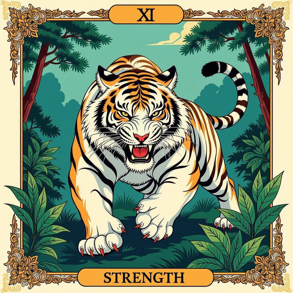 White Tiger Battle on Tarot Card in Ukiyo-e Style