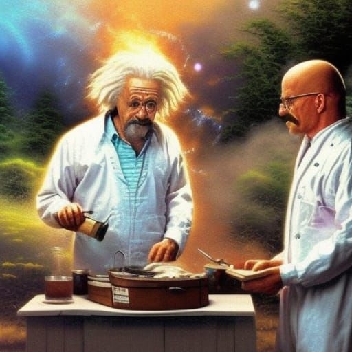 Einstein and Walter White: Ethereal Fantasy Cooking Scene