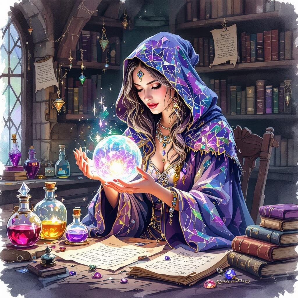 Mysterious Sorceress With Crystal Ball in Watercolor