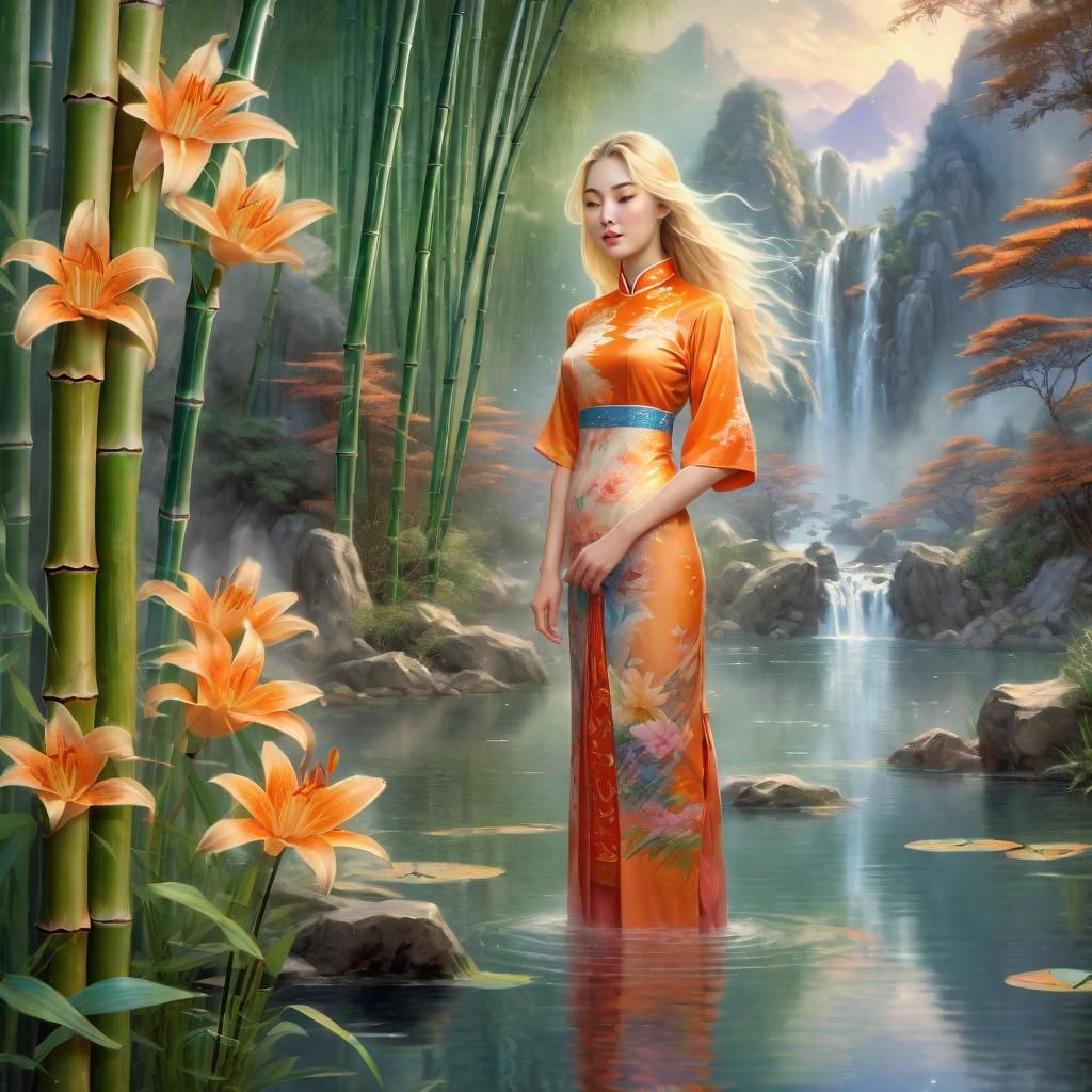 Sensual Young Women in a Bamboo forest in China near a Chinese Prayer Stamp, Long Blond Hair, Orange qipao, Flowers, pon...